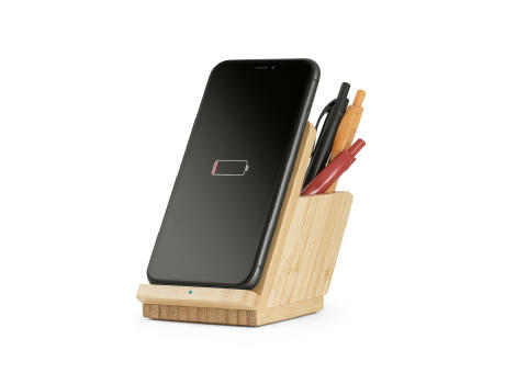 LEAVITT. Smartphone- und Kugelschreiberhalter mit 10W wireless Schnellladegerät aus Bambus bedrucken