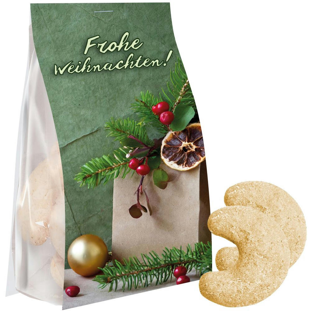 Product image Vanillekipferl, 100g, Express Blockbodenbeutel mit Werbereiter Werbeartikel