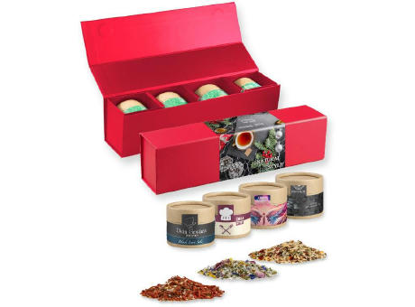 verschiedene Gewürzmischungen (Kategorie 1), ca. 120-300g, Geschenk-Set Premium rot mit Magnetverschluss und 4 Kraftpapierdosen Mini Werbeartikel