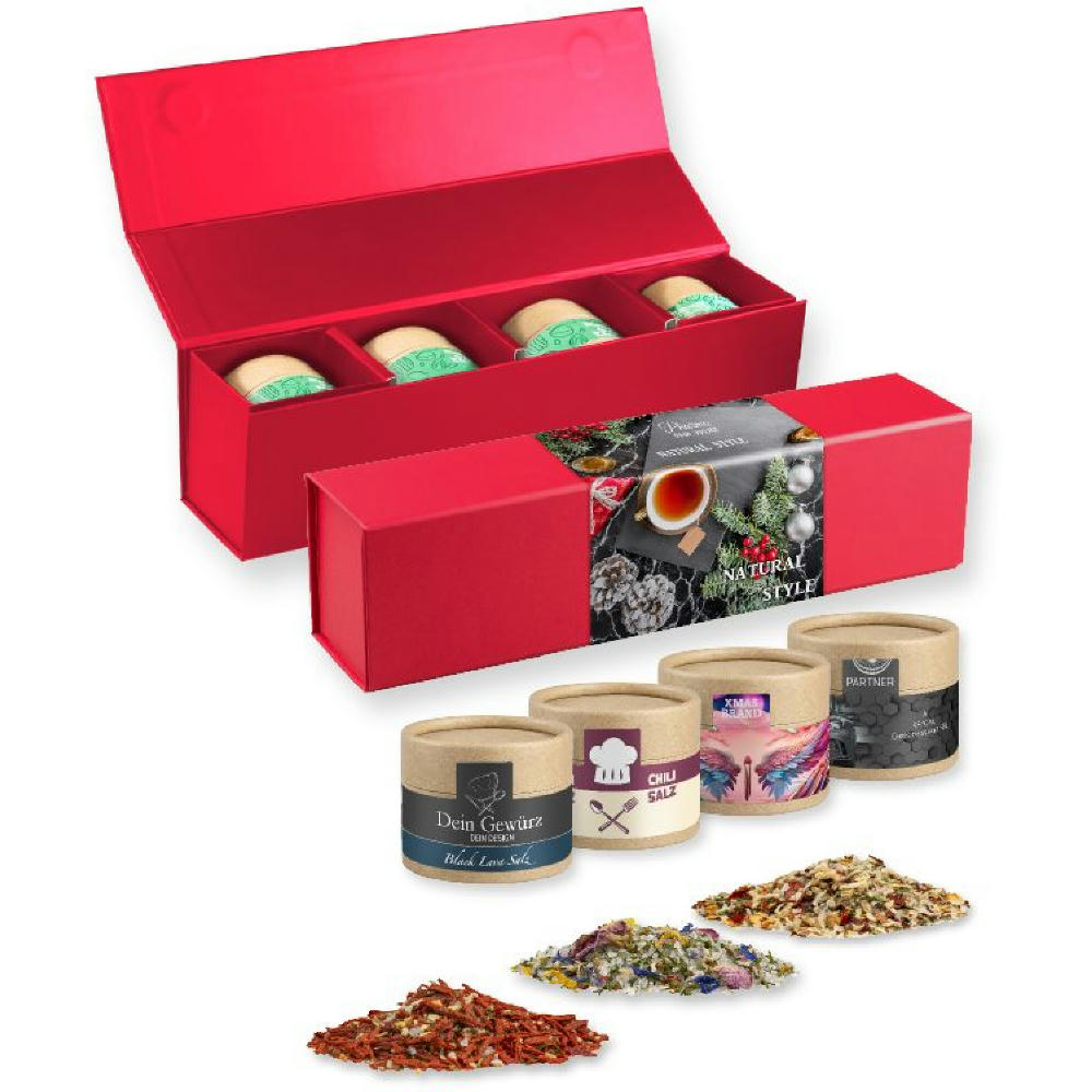 Product image verschiedene Gewürzmischungen (Kategorie 1), ca. 120-300g, Geschenk-Set Premium rot mit Magnetverschluss und 4 Kraftpapierdosen Mini Werbeartikel