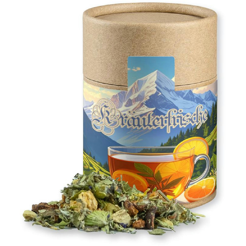Kräutertee Bergtee & Zitrus, ca. 27g, Kraftpapierdose Midi Werbeartikel