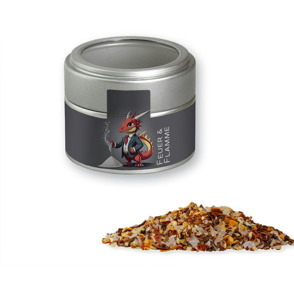 Product image Gewürzmischung Feuer und Flamme, ca. 60g, Metalldose Mini mit Sichtfenster silber Werbeartikel