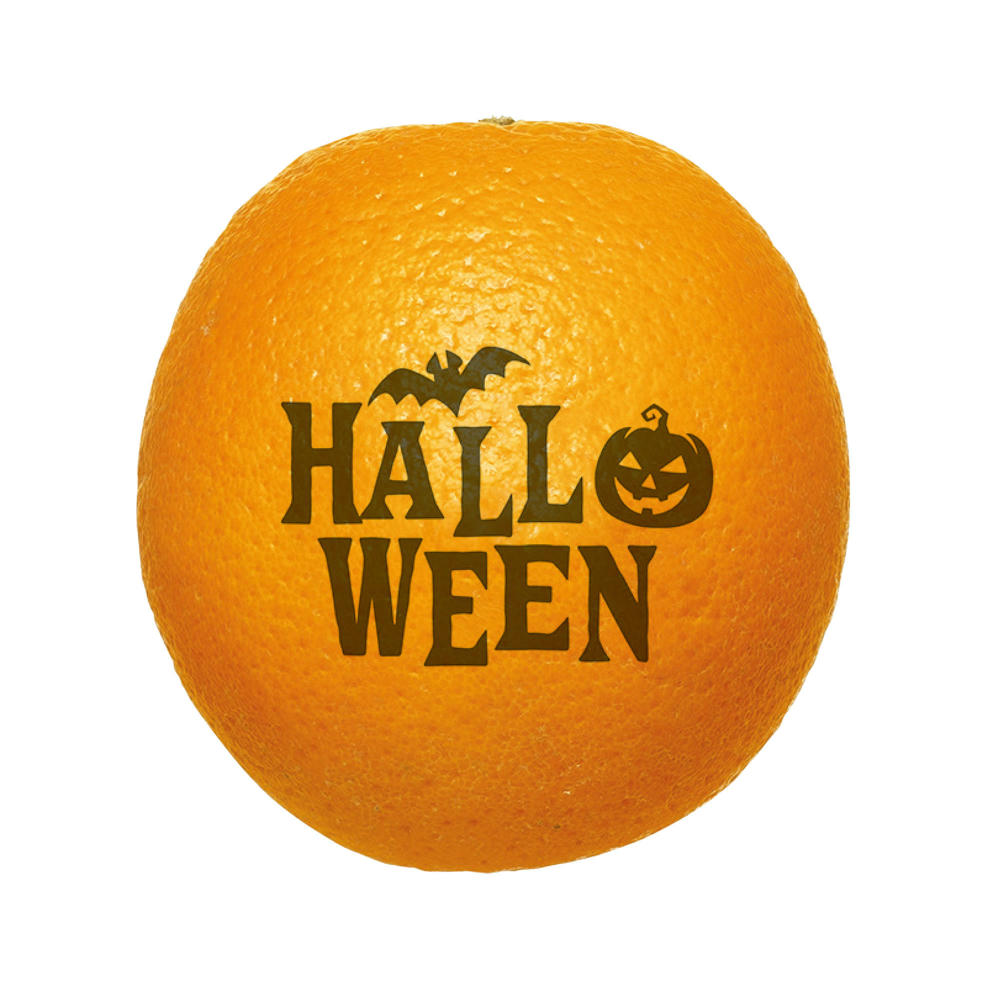 Product image LogoFrucht Qualitäts-Orange mit 1c Halloween Aufdruck in Blackberry als gesundes B2B-Werbegeschenk