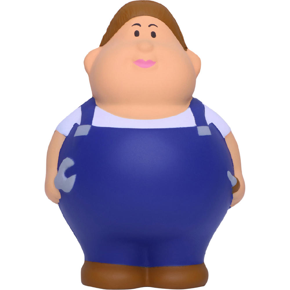 Product image Schrauberin Berta in blauer Latzhose mit Schraubenschlüssel und Schraubendreher – Anti-Stress-Figur, mit Logo bedruckbar