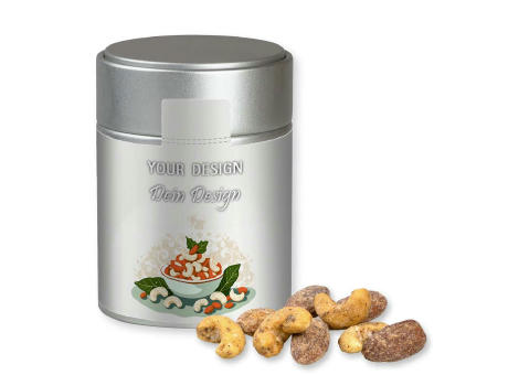 Product image Zimt-Mandel Vanille-Cashew Mix, ca. 100g, Metalldose Midi silber bedrucken