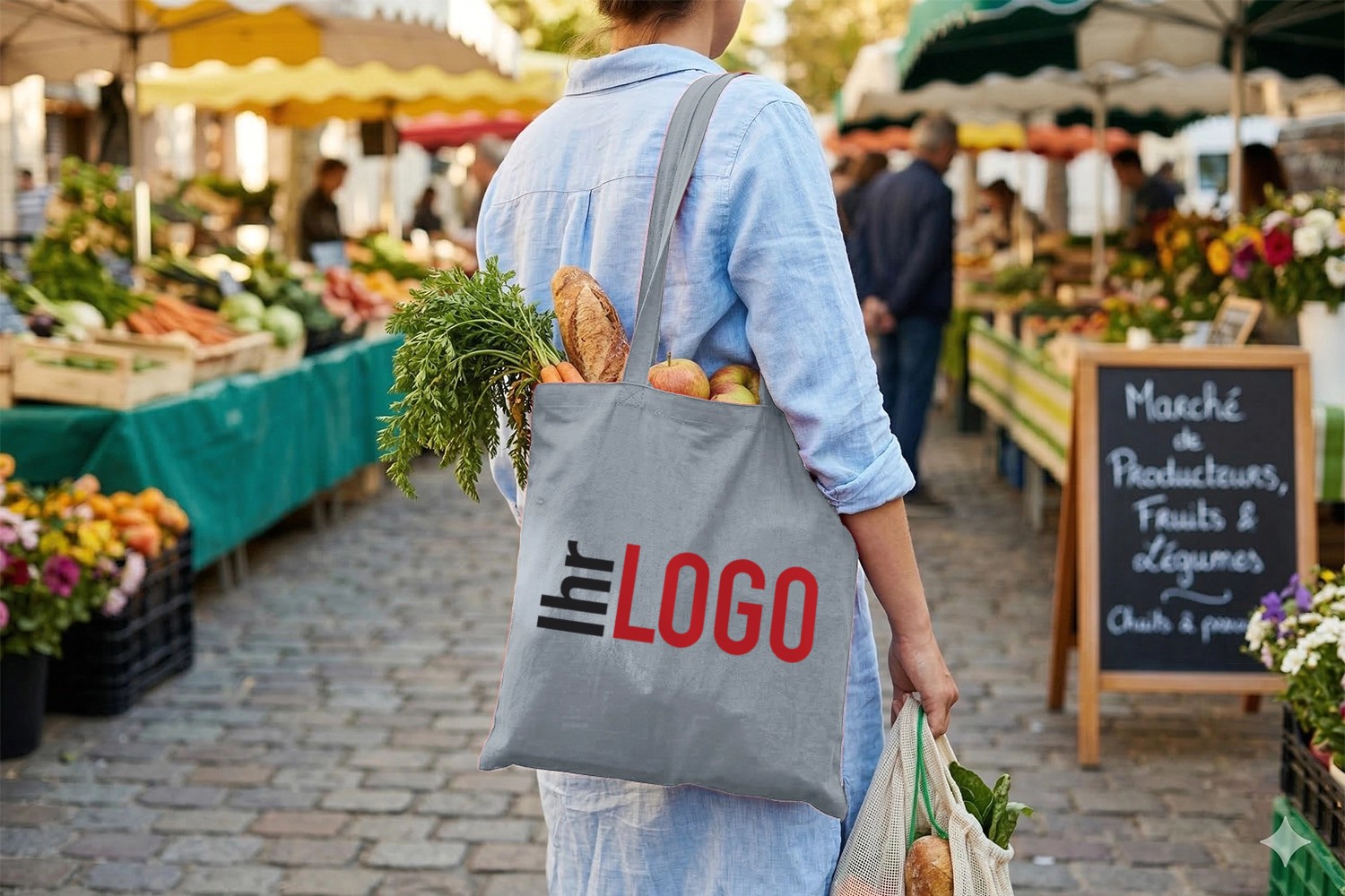 MADRAS 140 Baumwolltasche in Grau beim Einkauf im Einsatz – nachhaltiger Werbeartikel mit Logo für Unternehmen und Promotion