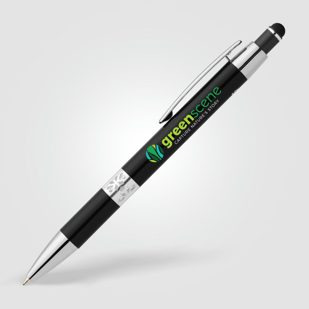 Adorn Kugelschreiber mit Chromverzierung und Stylus aus recyceltem Aluminium  Werbeartikel