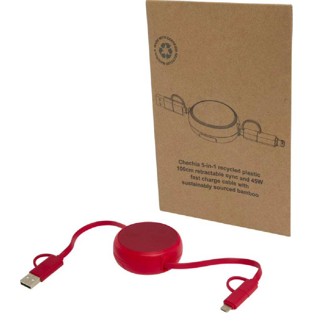 Product image Alasia 100 cm 5-in-1 Kabel aus recyceltem Kunststoff und Aluminium, einziehbar, für Datenübertragung und mit 45W Schnellladung Werbeartikel