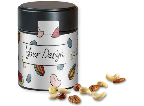 NusskernMix, ca. 100g, Metalldose Midi schwarz Werbeartikel