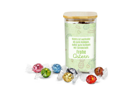 Geschenkset / Präsenteset: Lindor Team-Glas Frohe Ostern mit 35 Lindt Lindorkugeln bedrucken
