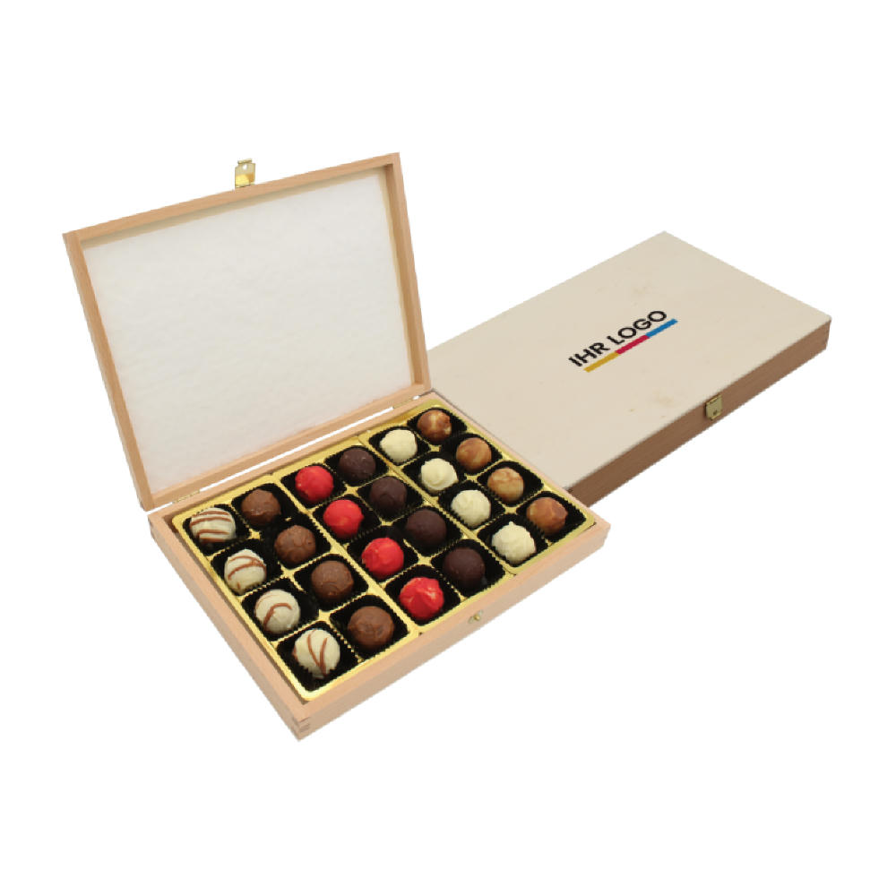 Pralinenbox Holz 24er bedruckter Deckel Werbeartikel