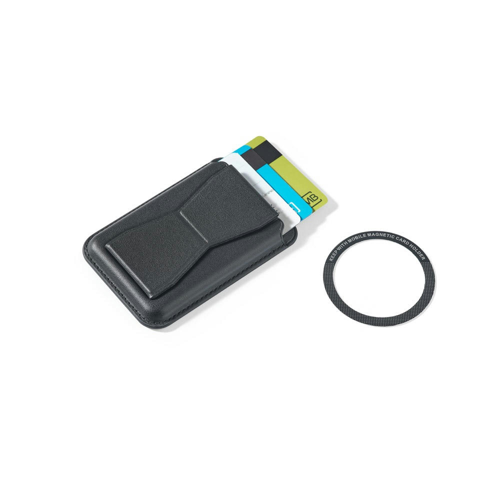 CONNOR. Magnetischer Kartenhalter aus PU Kunstleder, lässt sich einfach an der Rückseite Ihres Mobiltelefons befestigen und verfügt über RFID-Blockierung Werbeartikel