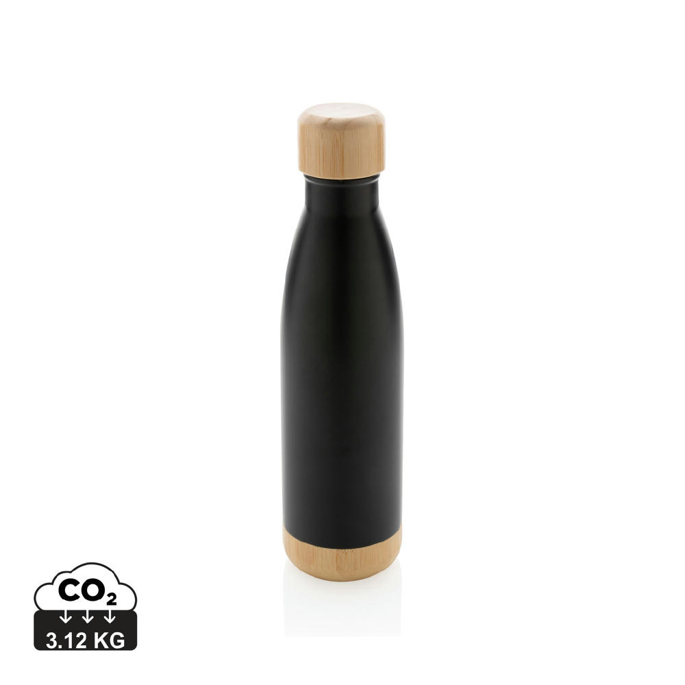 Product image Vakuum Edelstahlfasche mit Deckel und Boden aus Bambus Werbeartikel