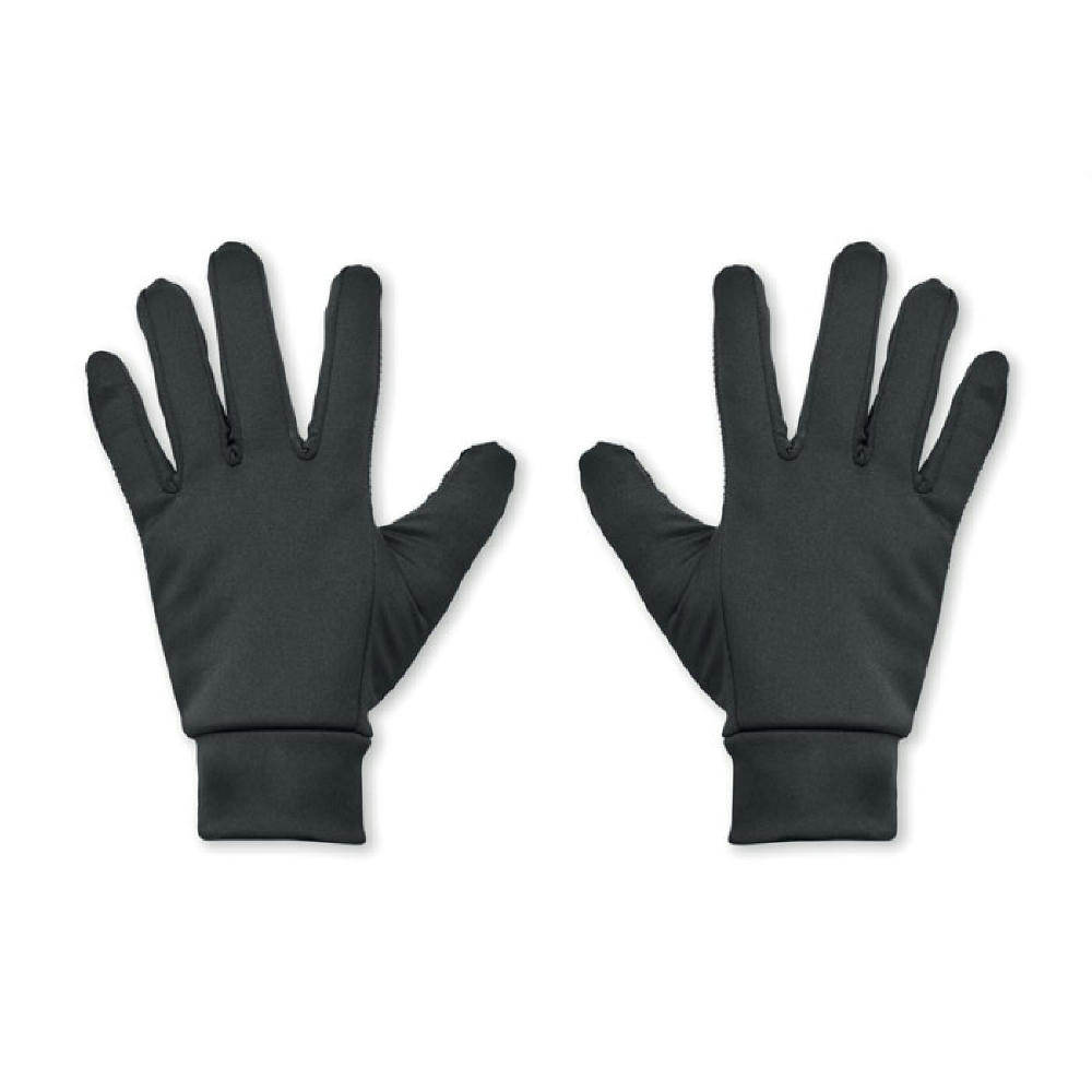 Product image Schwarze Touchscreen-Sporthandschuhe aus glattem Stoff, Paar freigestellt – Sporthandschuhe zum Bedrucken