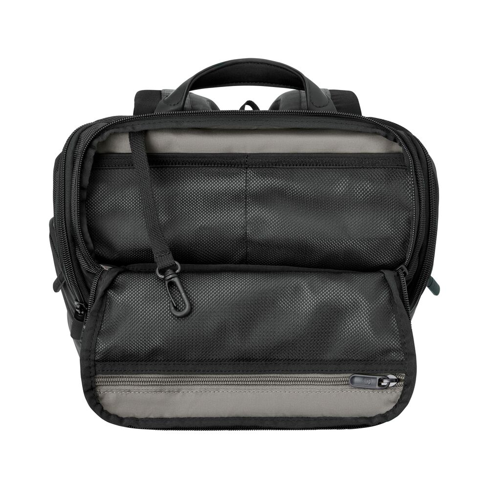 Victorinox Altmont Professional Fliptop Laptop Backpack Essential Organizer Black Innenansicht mit gepolstertem Laptopfach und intelligenter Fächeraufteilung für Laptop, Dokumente und Zubehör, ideal als hochwertiger Werbeartikel mit Logo.