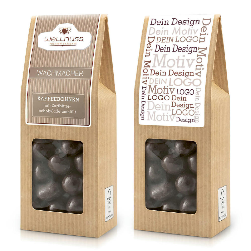 Product image Kaffeebohnen mit Zartbitterschokolade umhüllt in der Faltschachtel Werbeartikel