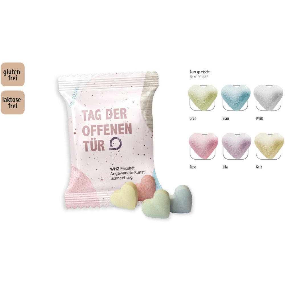 Product image Traubenzuckerherzen bunt Werbetüte, 4 Stück, Inhalt: Traubenzuckerherzen bunt Werbeartikel