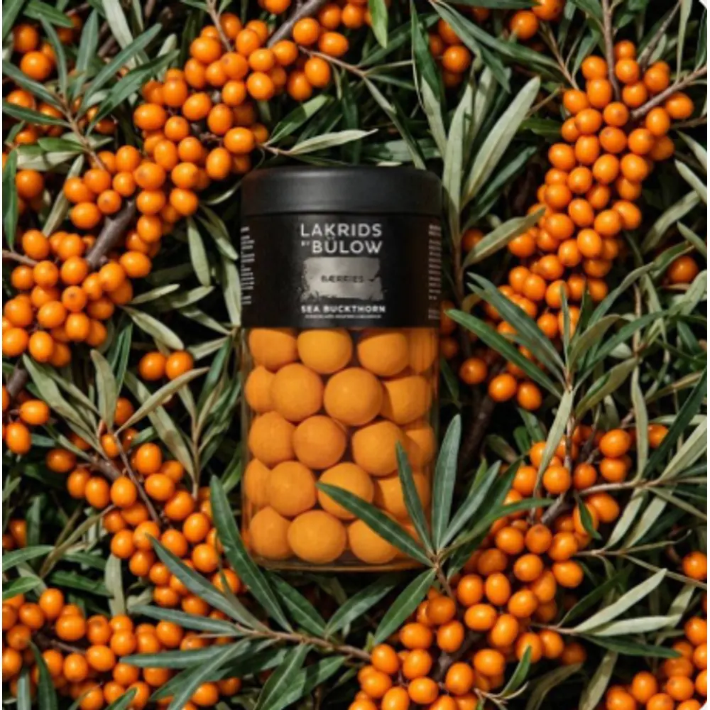 Lakrids by Bülow Sea Buckthorn Dose zwischen Sanddornzweigen mit Beeren – Lakritz als Herbstgeschenk
