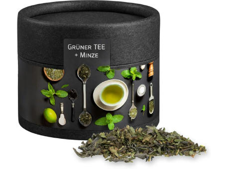 Product image Grüner Tee mit Minze, ca. 10g, Kraftpapierdose Mini schwarz Werbeartikel