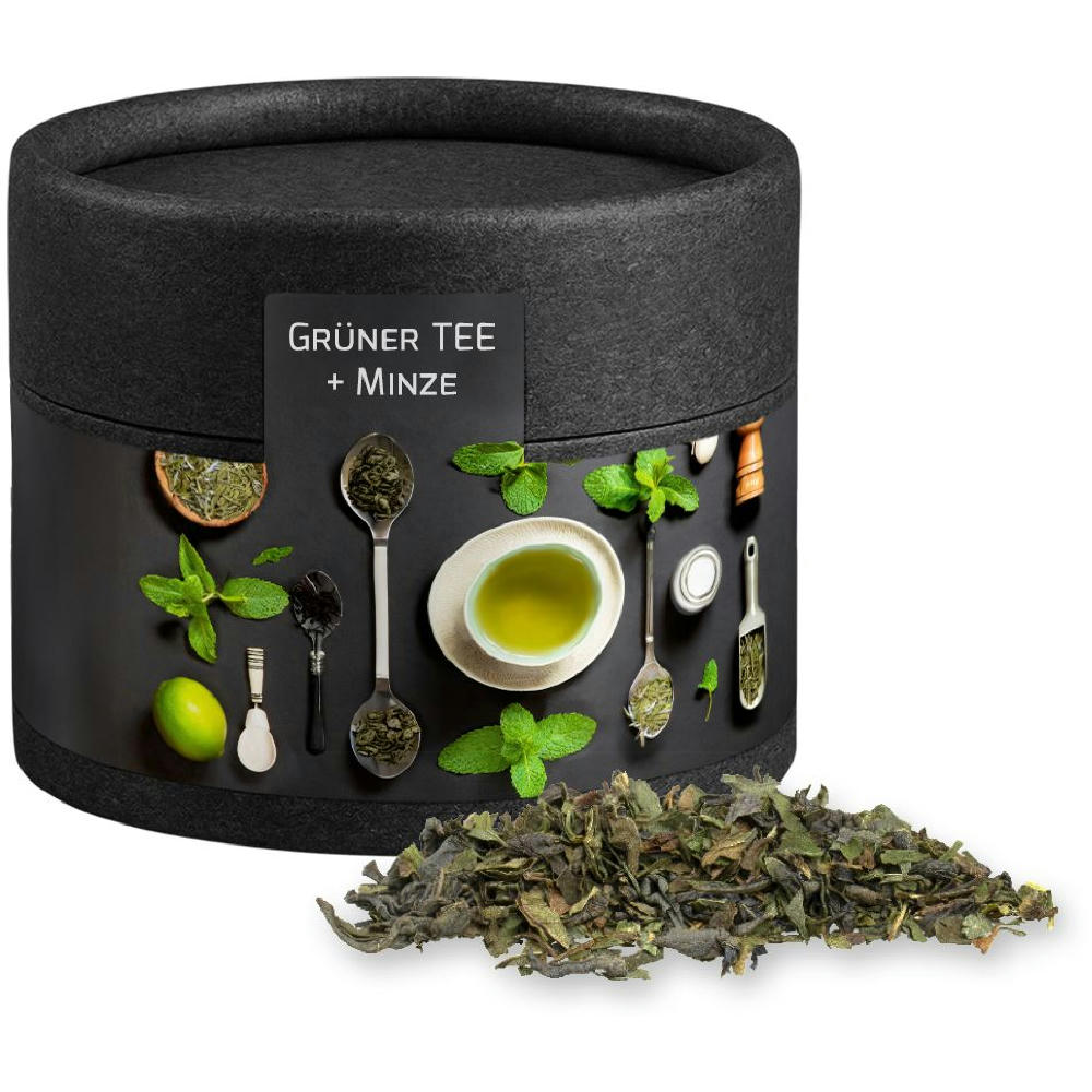 Product image Grüner Tee mit Minze, ca. 10g, Kraftpapierdose Mini schwarz Werbeartikel