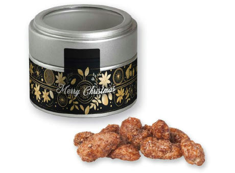 Product image Feuergebrannte Mandeln, ca. 60g, Metalldose Mini mit Sichtfenster silber bedrucken