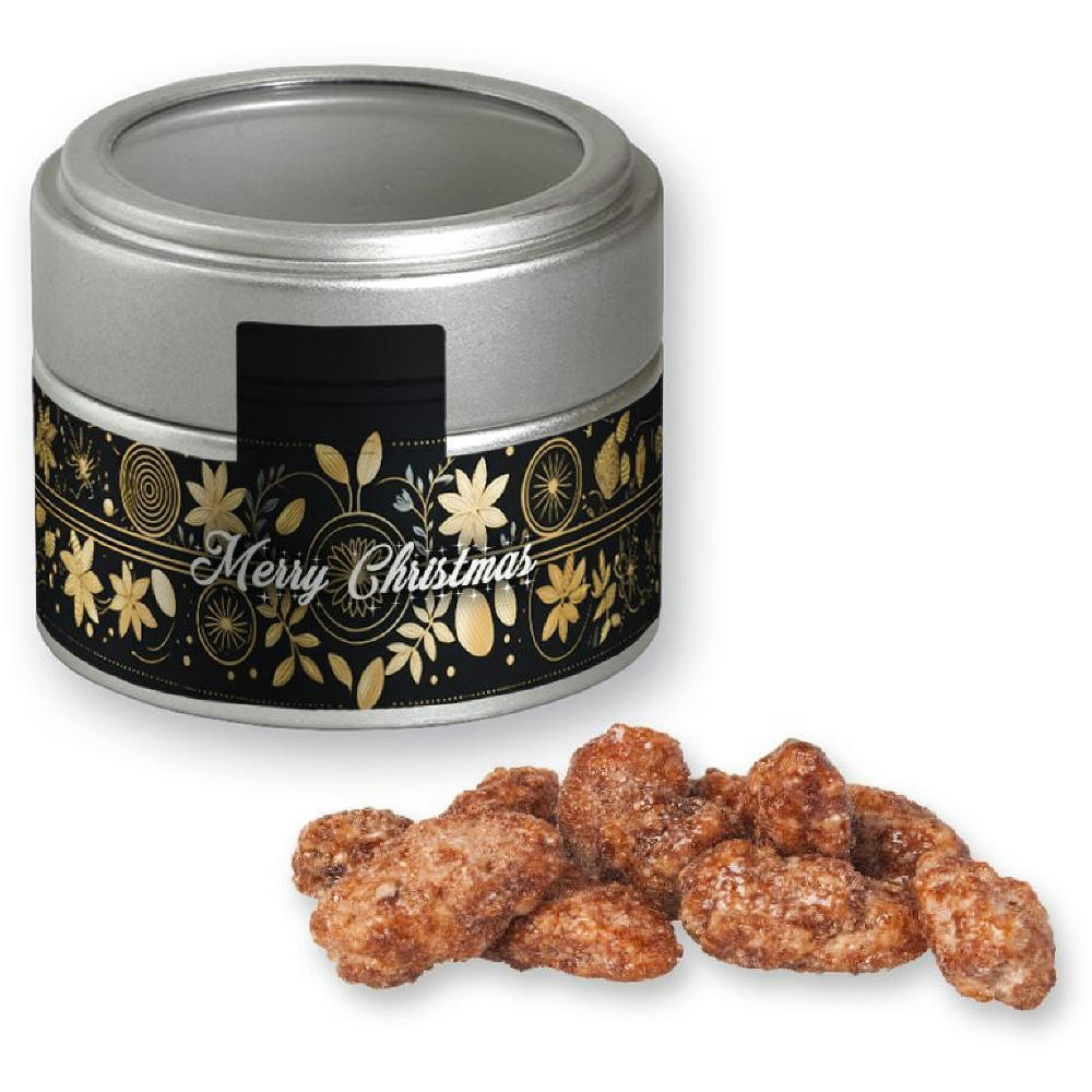 Product image Feuergebrannte Mandeln, ca. 60g, Metalldose Mini mit Sichtfenster silber Werbeartikel