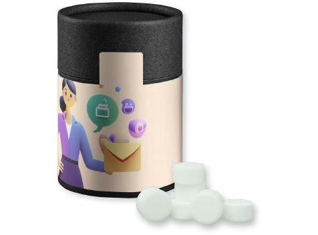 Pfefferminz Drops zuckerfrei, ca. 80g, Kraftpapierdose Midi schwarz Werbeartikel