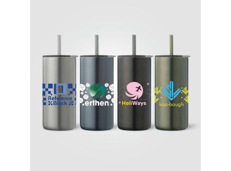 Borealis Recycling-Edelstahlbecher mit Trinkhalm - 475 ml Werbeartikel