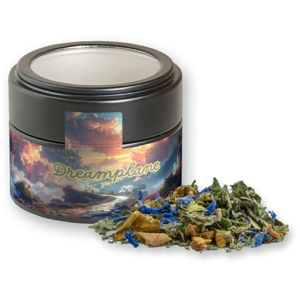 Product image Kräutertee Harmonie, ca. 17g, Metalldose Mini mit Sichtfenster schwarz Werbeartikel