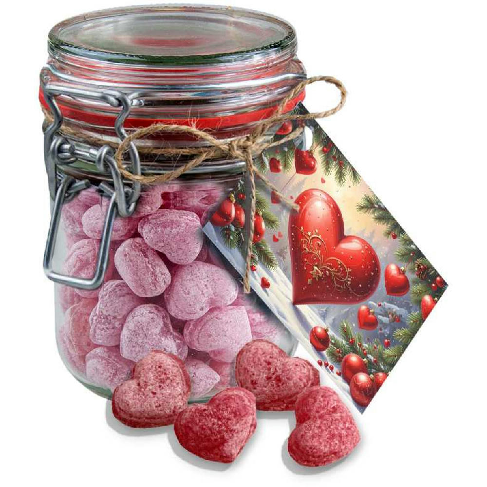 Glühwein Herzen, ca. 250g, Bonbonglas Maxi mit Werbekarte Werbeartikel