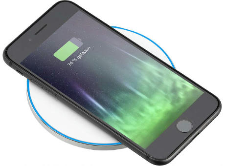 Wireless Charger 15 Watt mit eloxierter Aluminiumschale und leuchtendem Rand Werbeartikel