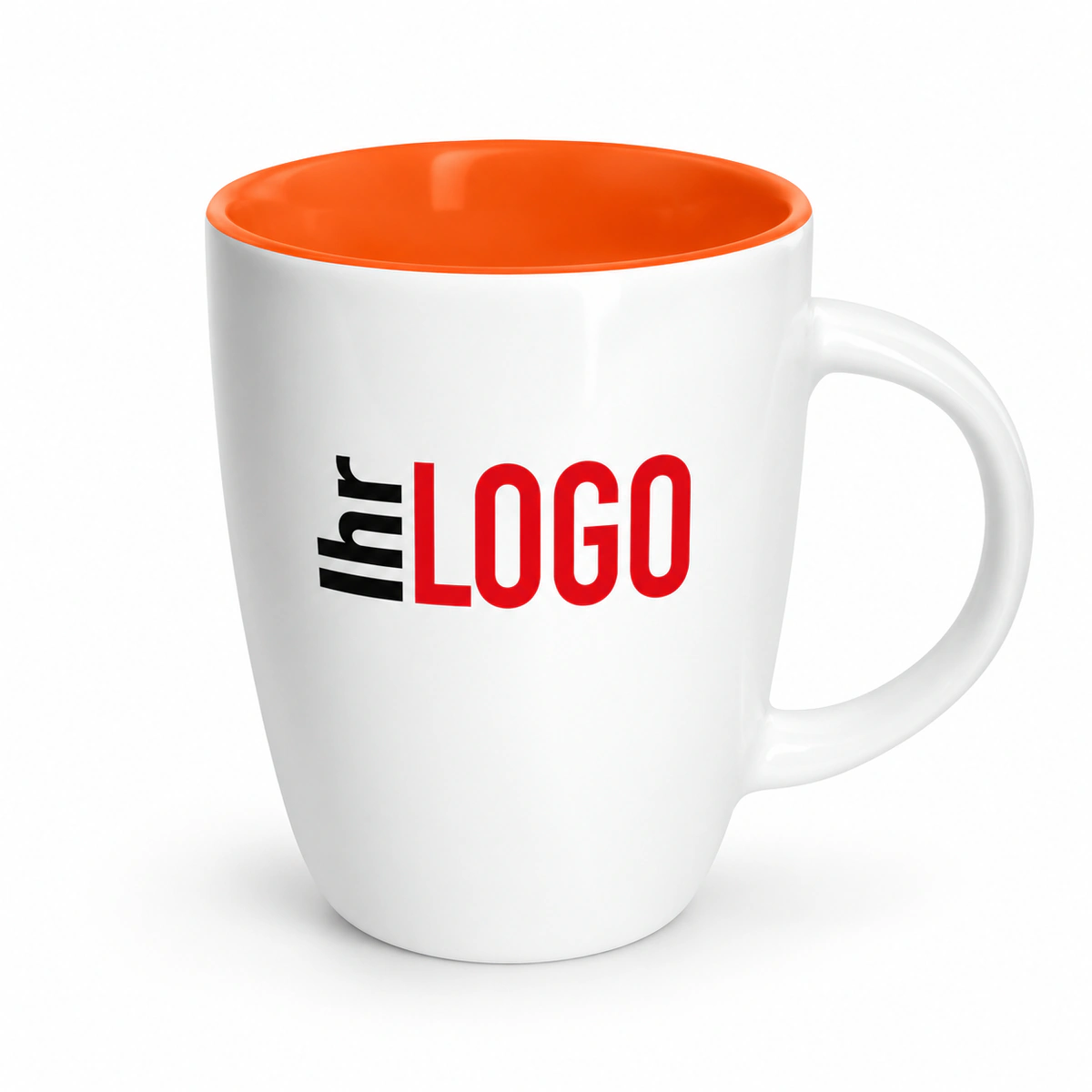 senator Elite Inside Kaffeebecher mit weißer Außenseite, orangefarbener Innenseite und Logoaufdruck als Werbeartikel.