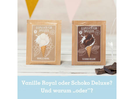 Eismixglas und Portionsbeutel Eispulver im Geschenksäckchen Werbeartikel
