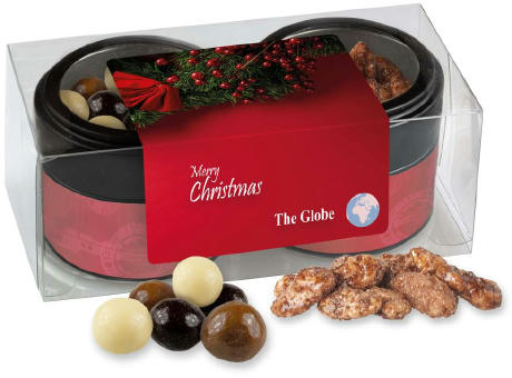 Knusper Weihnachtsset mit feuergebrannten Mandeln und Knusperkugeln im MIx, ca. 105g, Metalldose Mini mit Sichtfenster im 2er Set bedrucken
