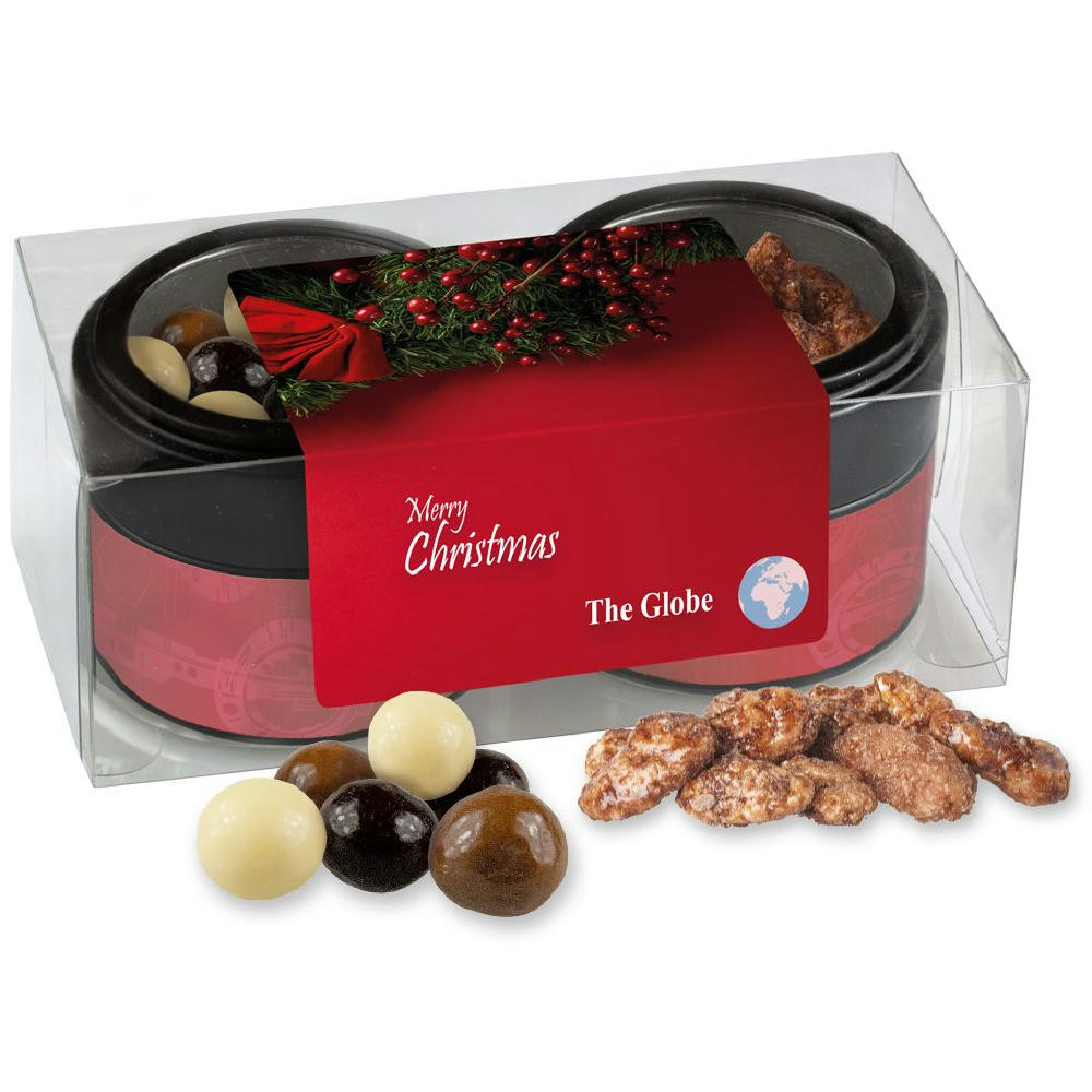 Product image Knusper Weihnachtsset mit feuergebrannten Mandeln und Knusperkugeln im MIx, ca. 105g, Metalldose Mini mit Sichtfenster im 2er Set Werbeartikel