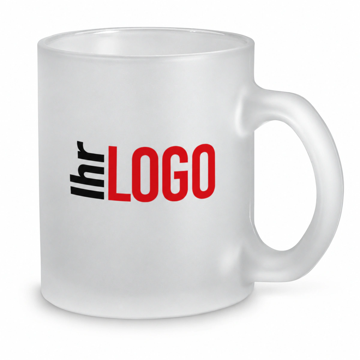 Mattierte Glastasse Kenny II, 340 ml, mit schwarz-rotem Logoaufdruck als Werbeartikel, freigestellt vor weißem Hintergrund.