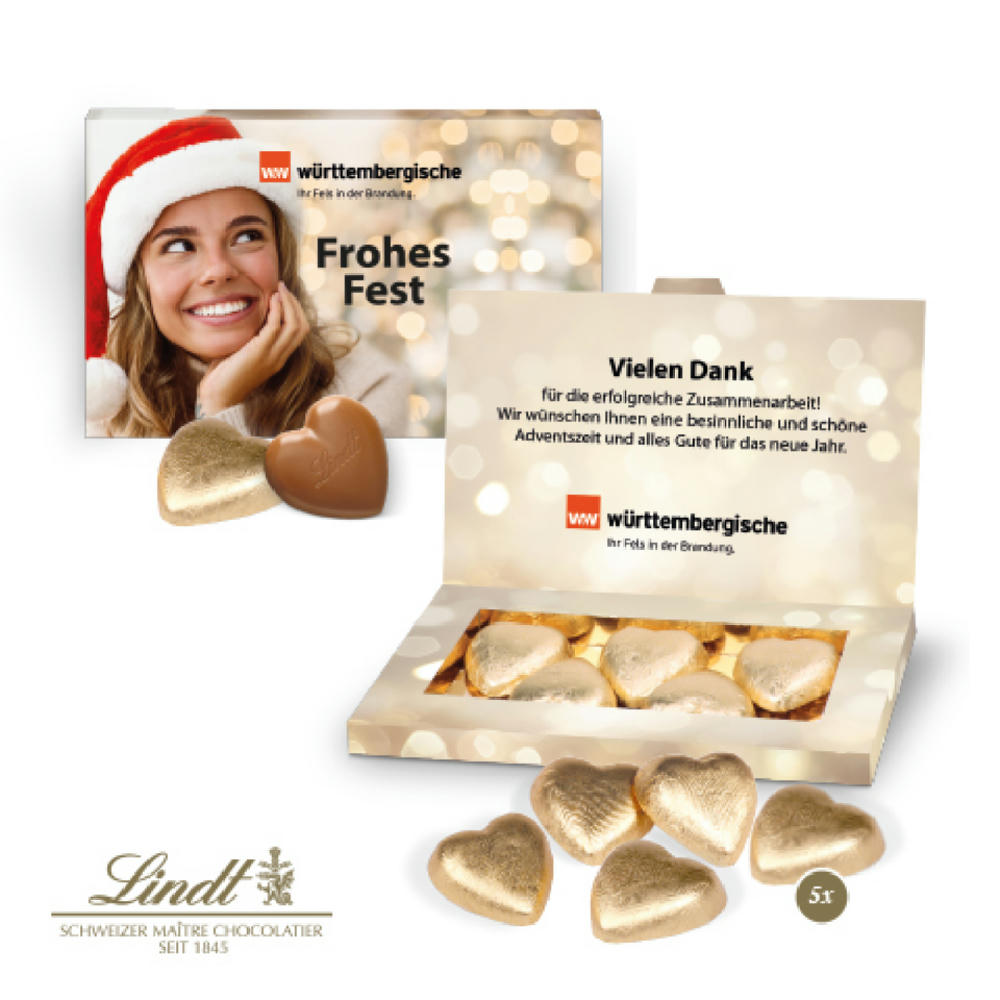 Präsentbox Business gefüllt mit 5 Lindt Vollmilch Schokoherzen in individuell bedruckbarer FSC® Werbekartonage als B2B Weihnachtsgeschenk