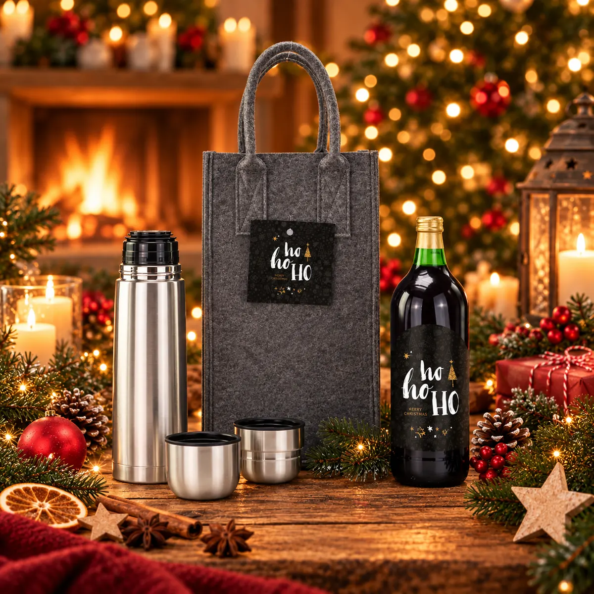 Heißer Punsch für Zwei Geschenkset Heißer Punsch für Zwei mit Glühwein, Edelstahl-Thermoskanne und Filztasche