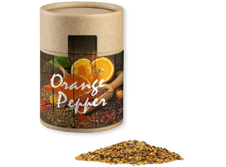 Gewürzmischung Orangen-Pfeffer, ca. 75g, Kraftpapierdose Midi Werbeartikel