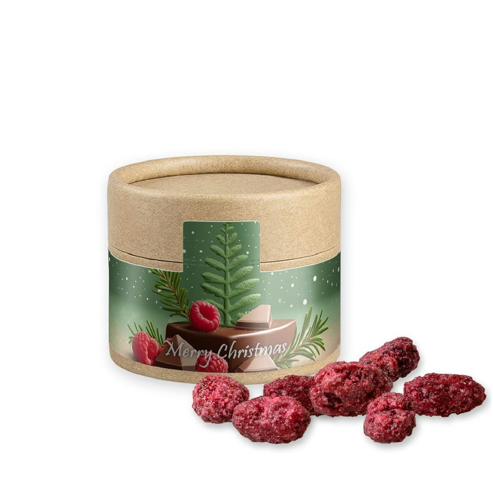 Gebrannte Mandeln Himbeere, ca. 40g, Kraftpapierdose Mini Werbeartikel
