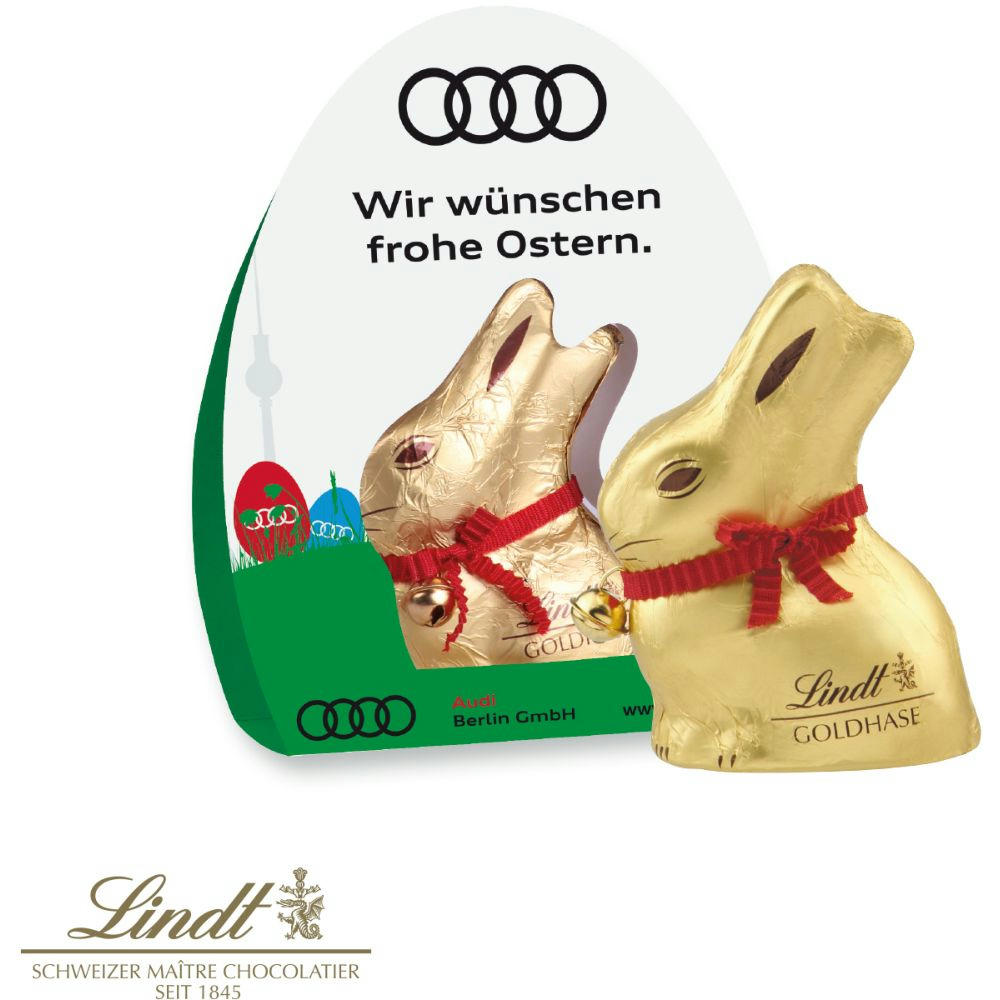 LINDT GOLDHASE IM WERBEAUFSTELLER, 50 g Werbeartikel