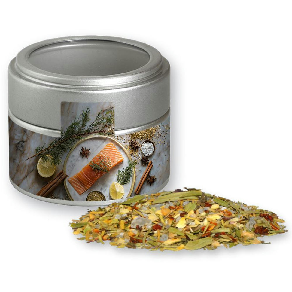 Product image Weihnachts Gewürzmischung Fisch, ca. 55g, Metalldose Mini mit Sichtfenster silber Werbeartikel