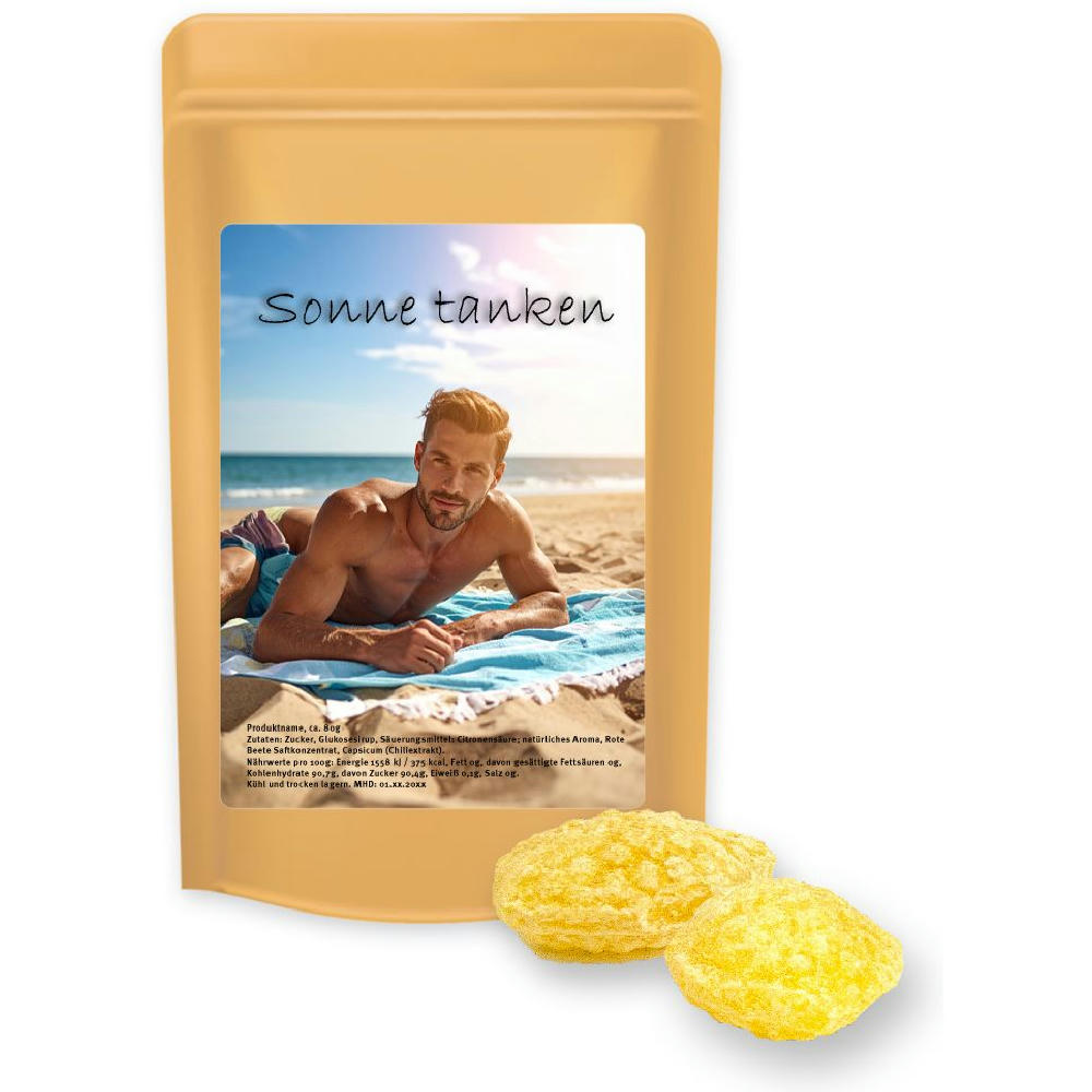 Zitronenbonbons mit Vitamin D, ca. 80g, Standbeutel Midi Werbeartikel