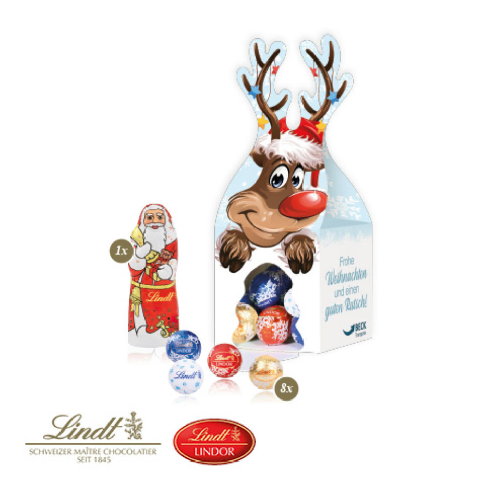 3D Präsent "Rentier" mit Lindt Minis und Nikolaus Werbeartikel