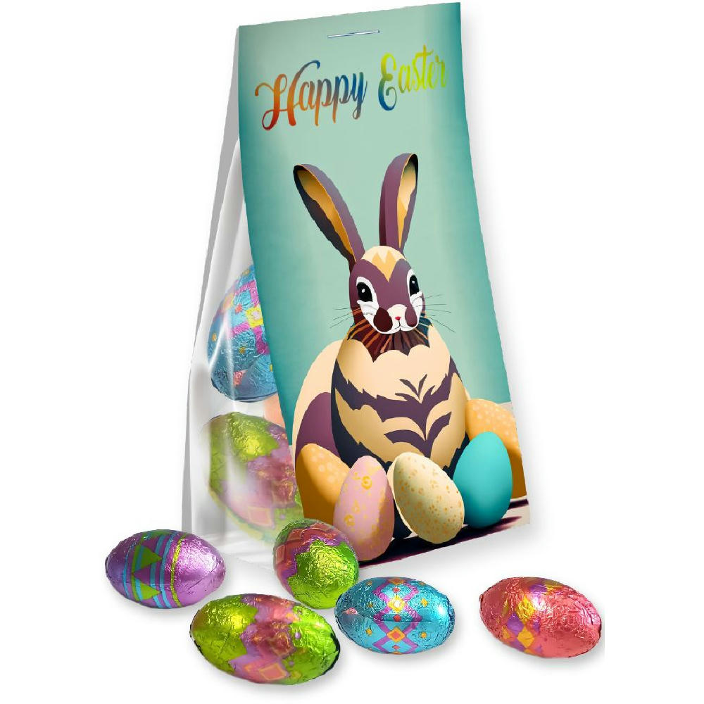 Product image Schoko Ostereier, ca. 25g, Express Blockbodenbeutel mit Werbereiter Werbeartikel