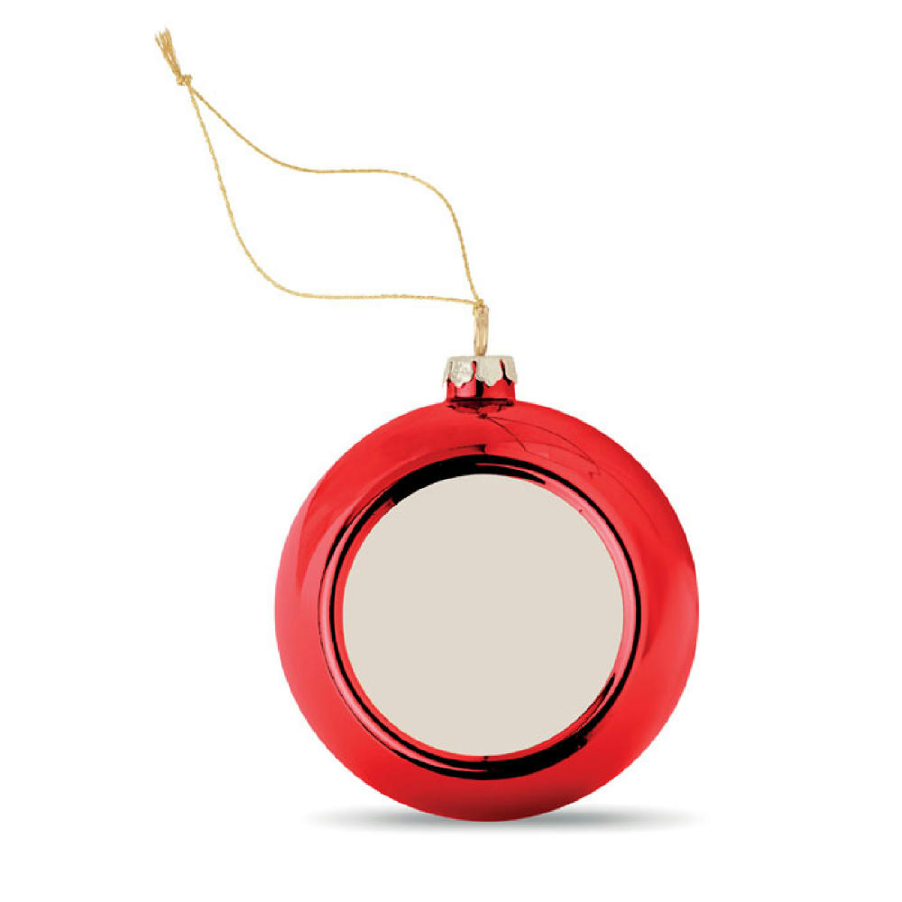 Product image Rote Weihnachtskugel Sublimation mit flacher, runder Druckfläche und Goldkordel – personalisiert mit Foto oder Logo