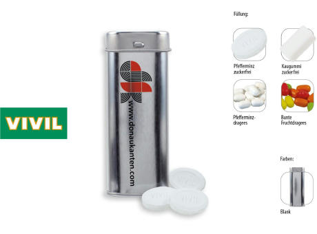 Pocket Box, blank 20 g, Inhalt: Bunte Fruchtdragees gemischt (Dose) Werbeartikel