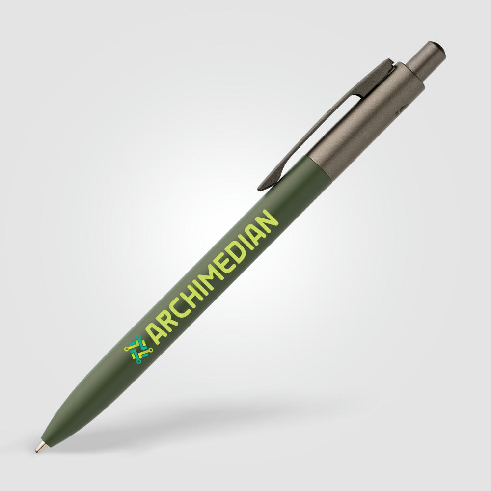 Koro Kugelschreiber mit Gunmetal-Verzierung aus recyceltem Aluminium  Werbeartikel