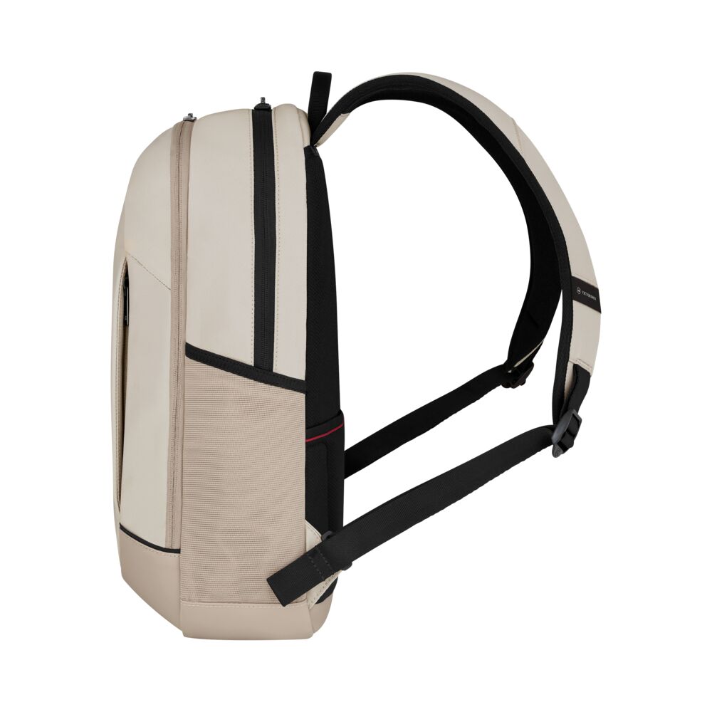 Victorinox Altmont Modern Compact Backpack Seitenansicht, schlanker Laptop Rucksack mit funktionalen Seitentaschen, ideal als Werbeartikel mit Logo für Büro und Reisen.