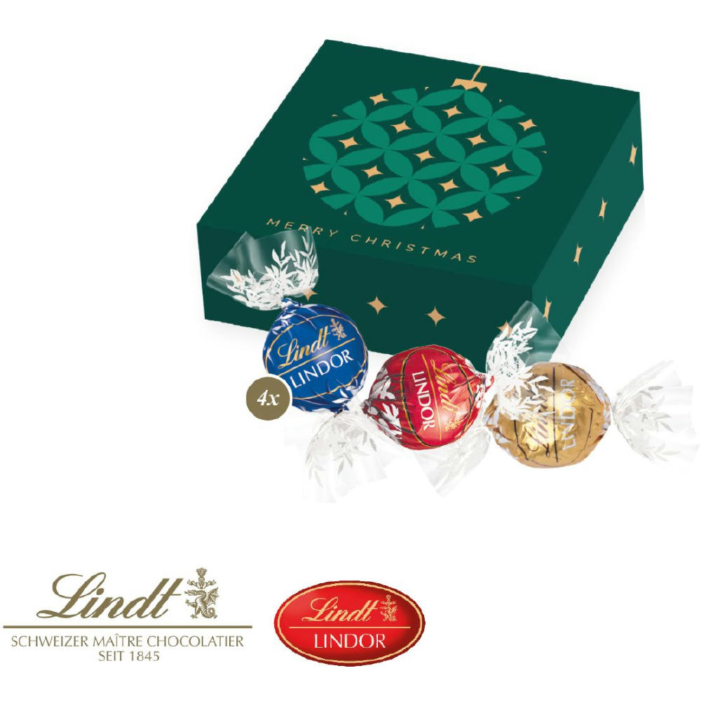 Lindt Lindor Präsent 4er quadratische Geschenkverpackung gefüllt mit 4 zartschmelzenden Lindor Pralinés in individuell bedruckbarer FSC® Werbekartonage als B2B Weihnachtsgeschenk